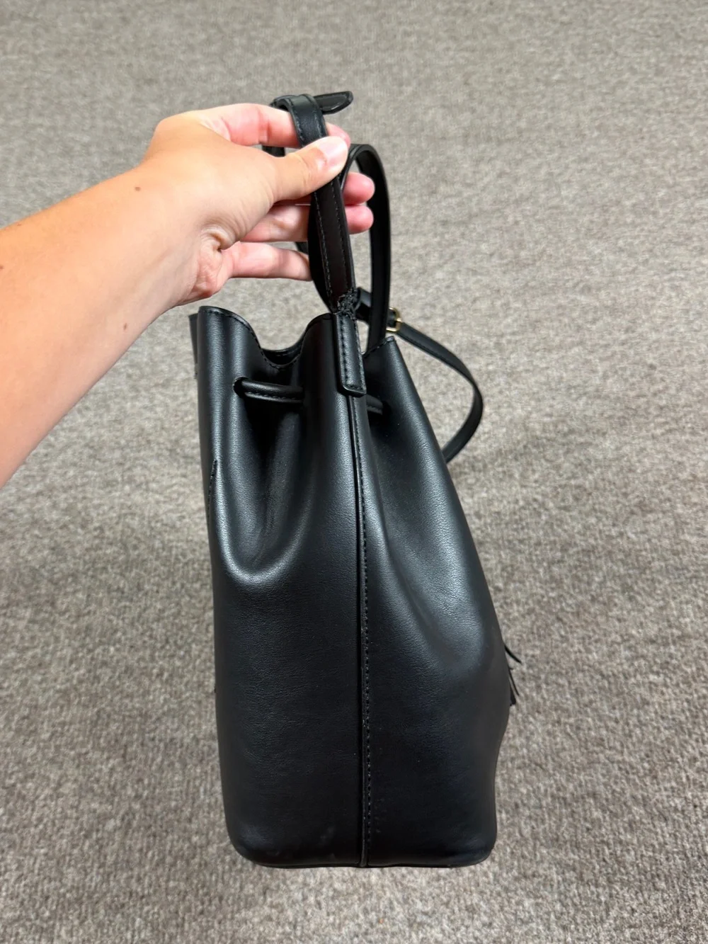 J Crew Black Faux Leather Bucket Bag Shoulder Crossbody Fringe Drawstring